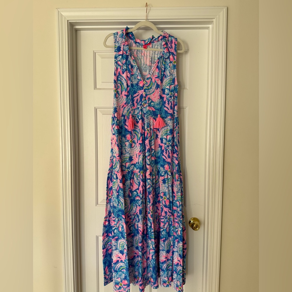 Lilly Pulitzer Malone Maxi Dress Blue Tang Sitting Seaside